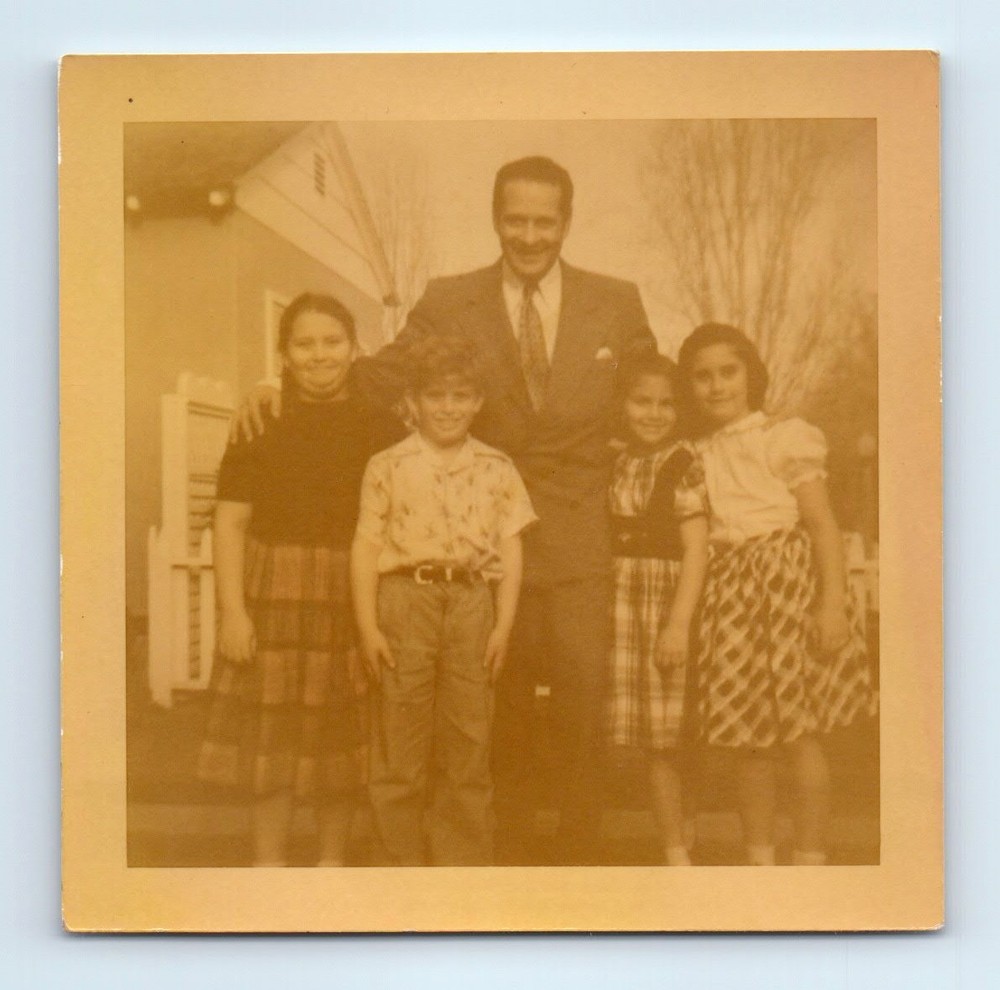 Old Vintage Square Color Photo MAN GIRLS BOY STANDING OUTSIDE HOUSE SNAPSHOT