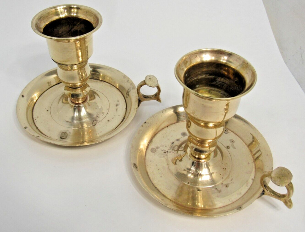 Pair of Brass Candlestick Holders With Finger Loop Handle and Drip Tray 1980's