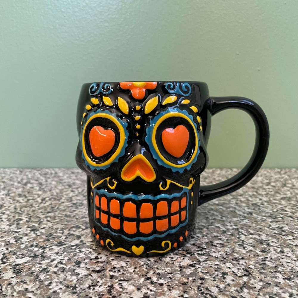 Dia De Los Muertos Sugar Skull Black Coffee Mug Hallmark  4”