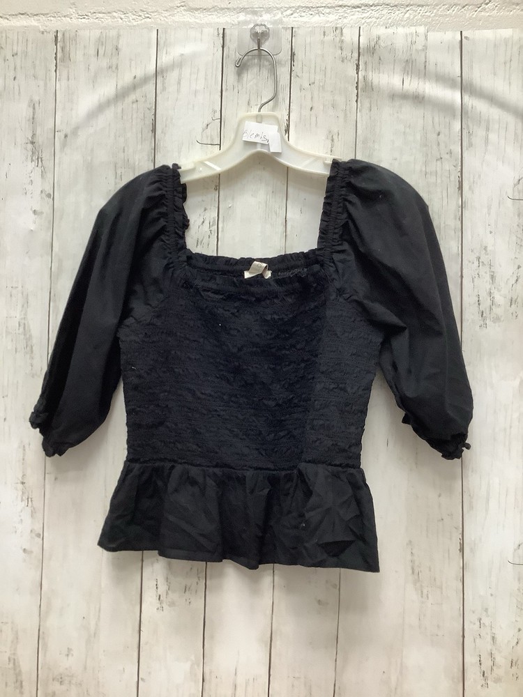 LOFT Black Smocked Square Neck Puff Sleeve Peplum Top Blouse