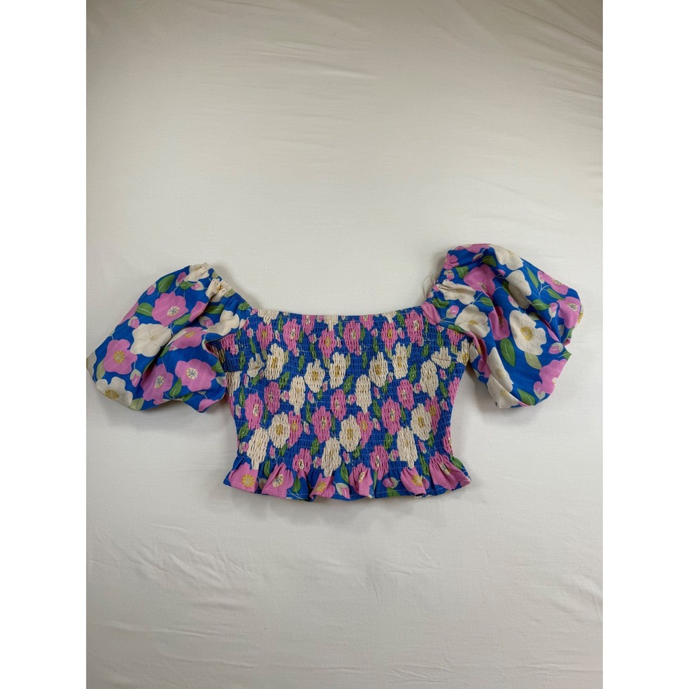 ASTR the Label Floral Smocked Puff Sleeve Crop Top Blue Pink White Size M