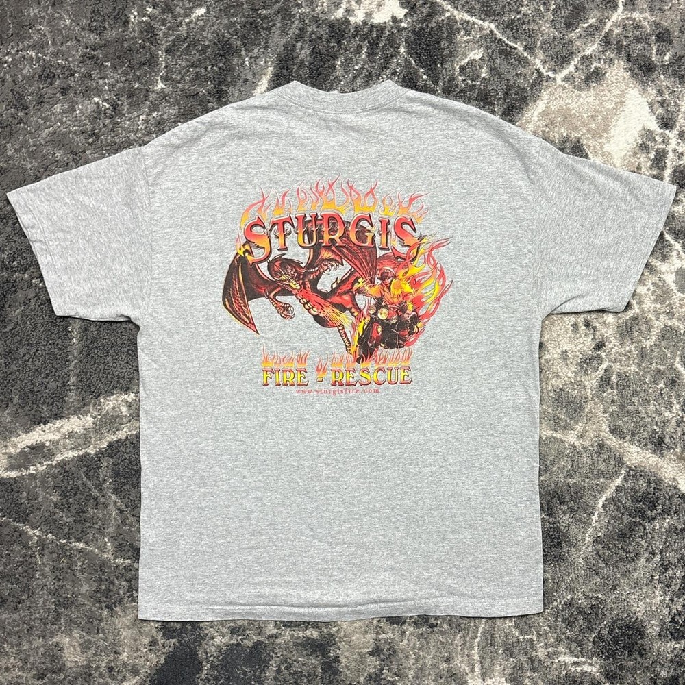 Vintage Sturgis Motorcycle Rally Shirt Mens XL Firefighter Dragon Flame Fire Y2K