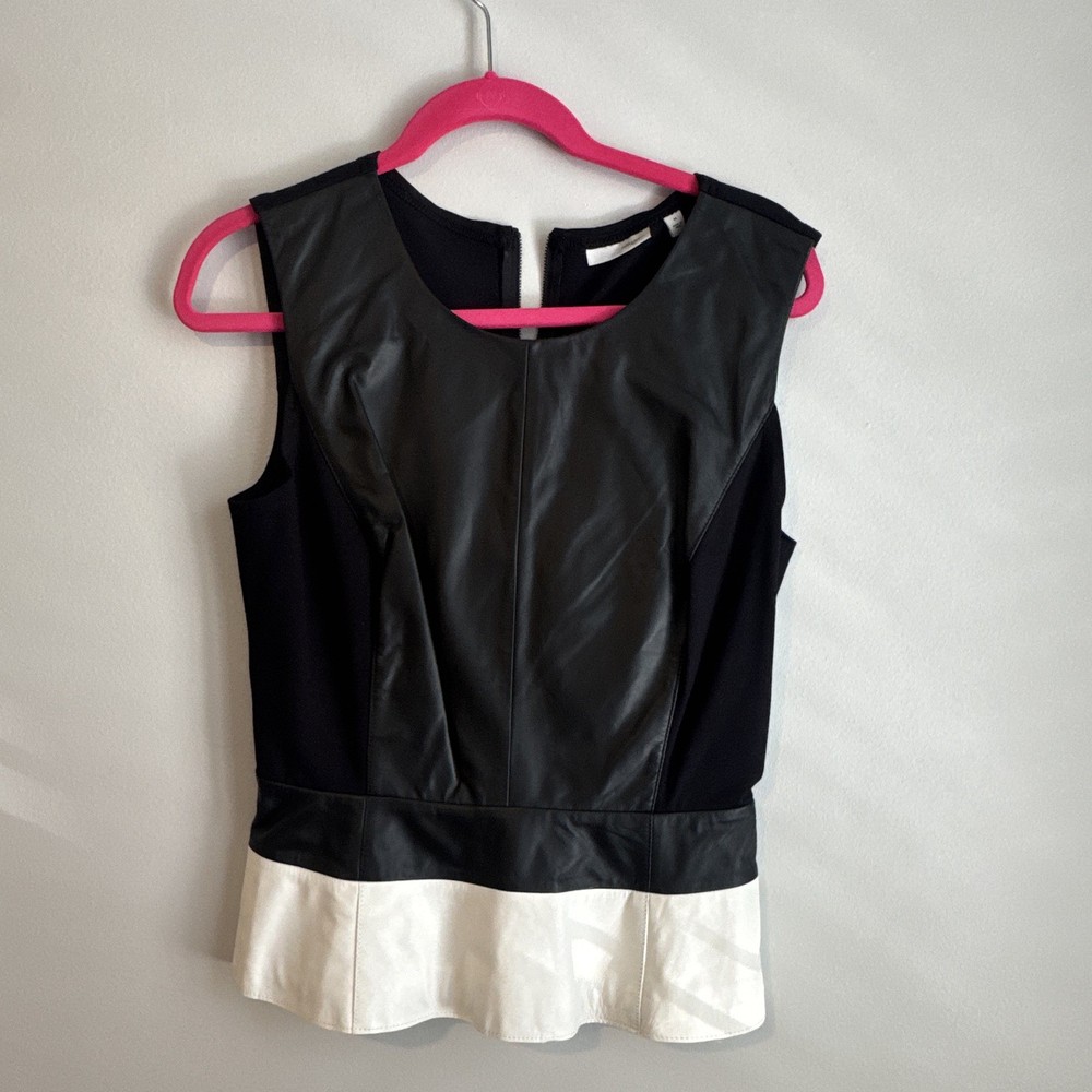 Halogen Women's M Sleeveless Colorblock Faux Leather Knit Zip Blouse Black/White
