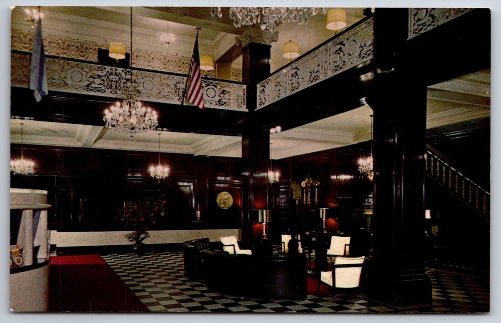 Interior~Chicago Illinois~Hotel Fort Dearborn Lobby Room Scene~Vintage Postcard