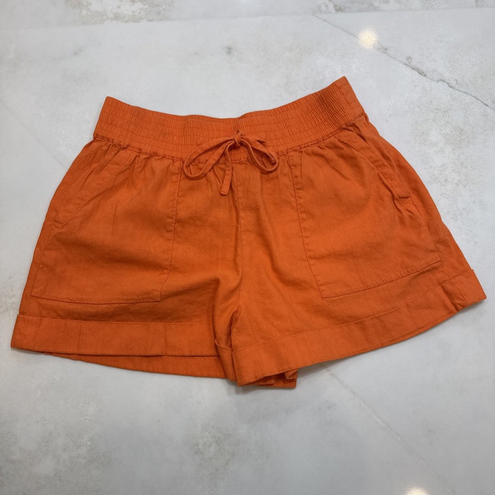 Alice + Olivia Womens Orange Linen Shorts Elastic Waist Pockets Size M