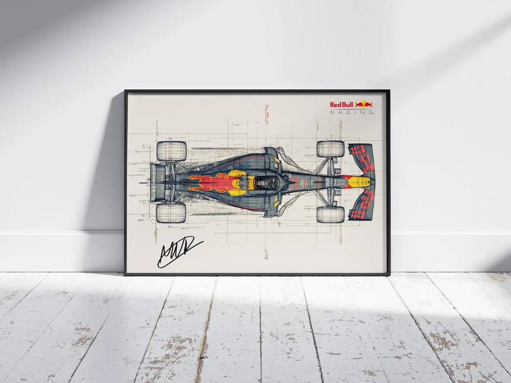 Formula 1 Racing Sketch Poster Red Bull F1 Car Blueprint Wall Art Print