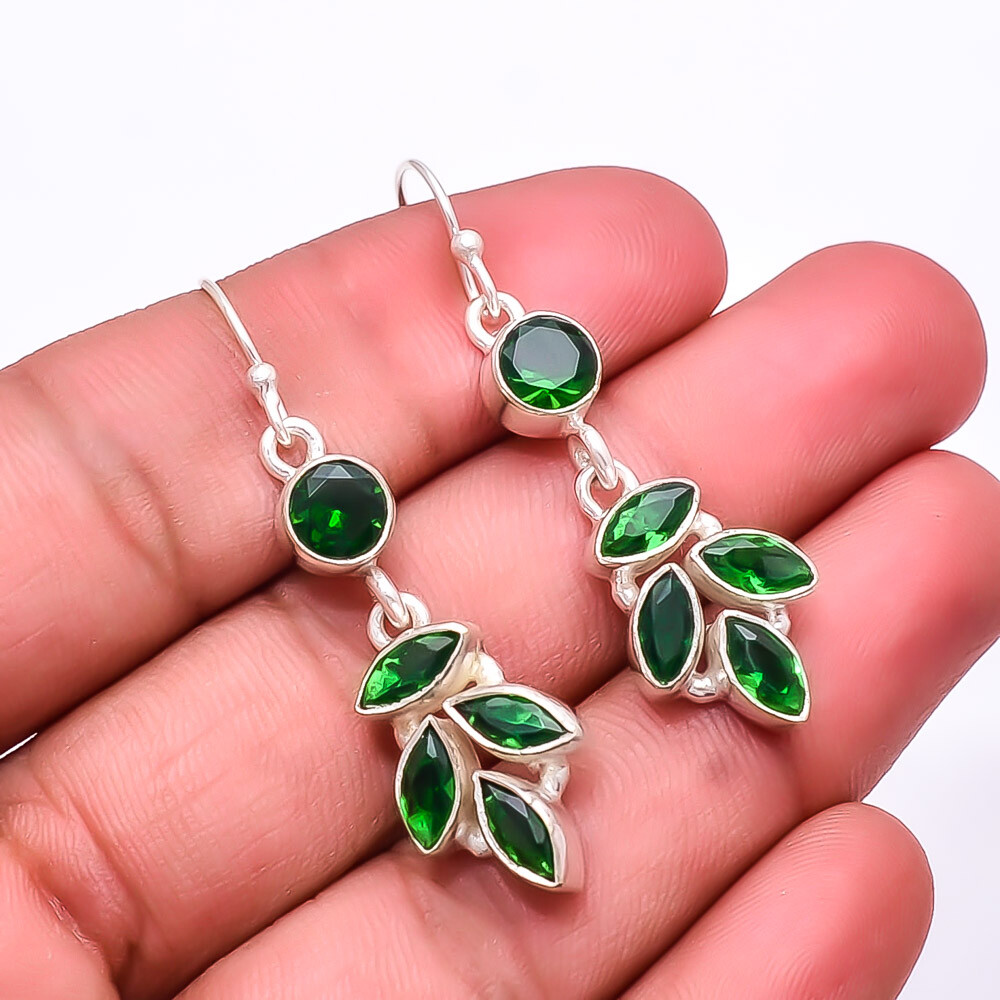 Simulated Emerald Multi Collet 925 Sterling Silver Earrings 2.03 Inch