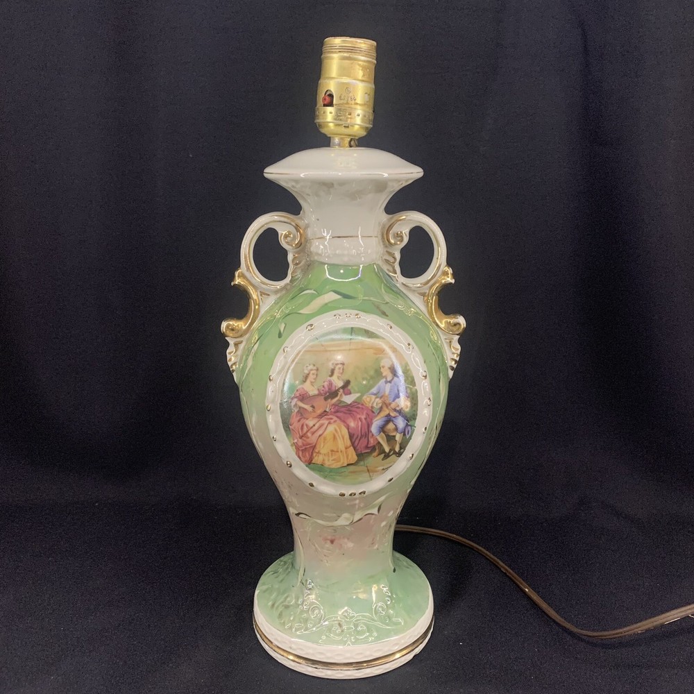 Vintage Victorian Floral Porcelain Urn Lamp Base Green Gold PARTS ONLY
