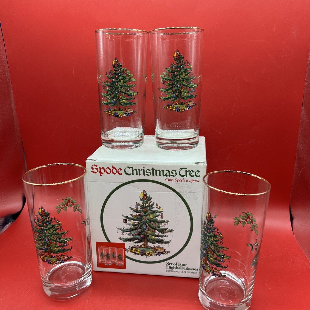 Spode Christmas Tree Highball Glasses Original Box 15 oz 6.25