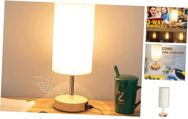 Bedside Table Lamp with USB Port - Touch Control for Bedroom Wood 3 Way Fabric