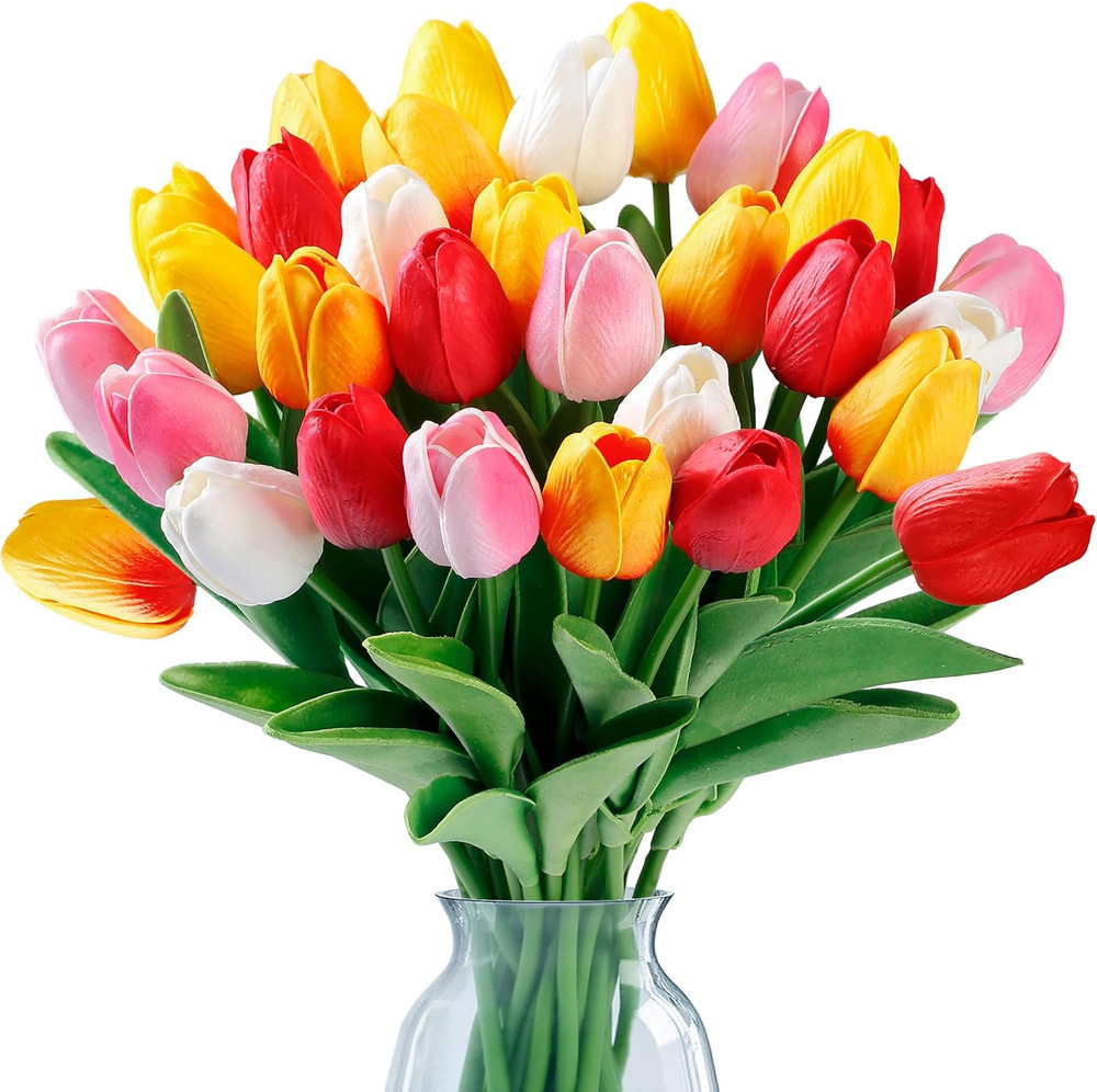 15 Pcs Fake Tulips Artificial Flowers Real Touch PU Faux Flowers Tulip Stems for