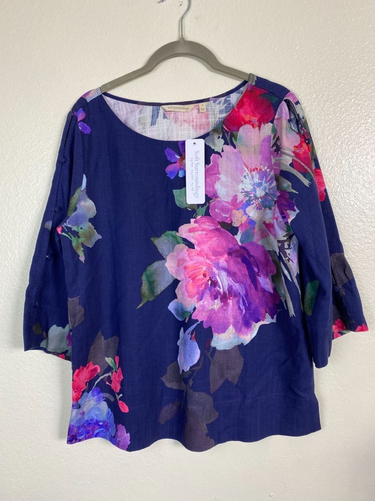 NEW Soft Surroundings Floral Linen Blend Top Size Small Blue Pink Boho Hawaiian