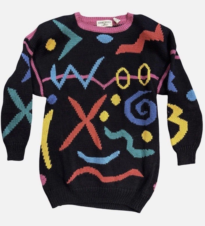 Vintage 80s Bonnie Boerer Oversized Abstract Graphic Sweater Geometric Size M-image