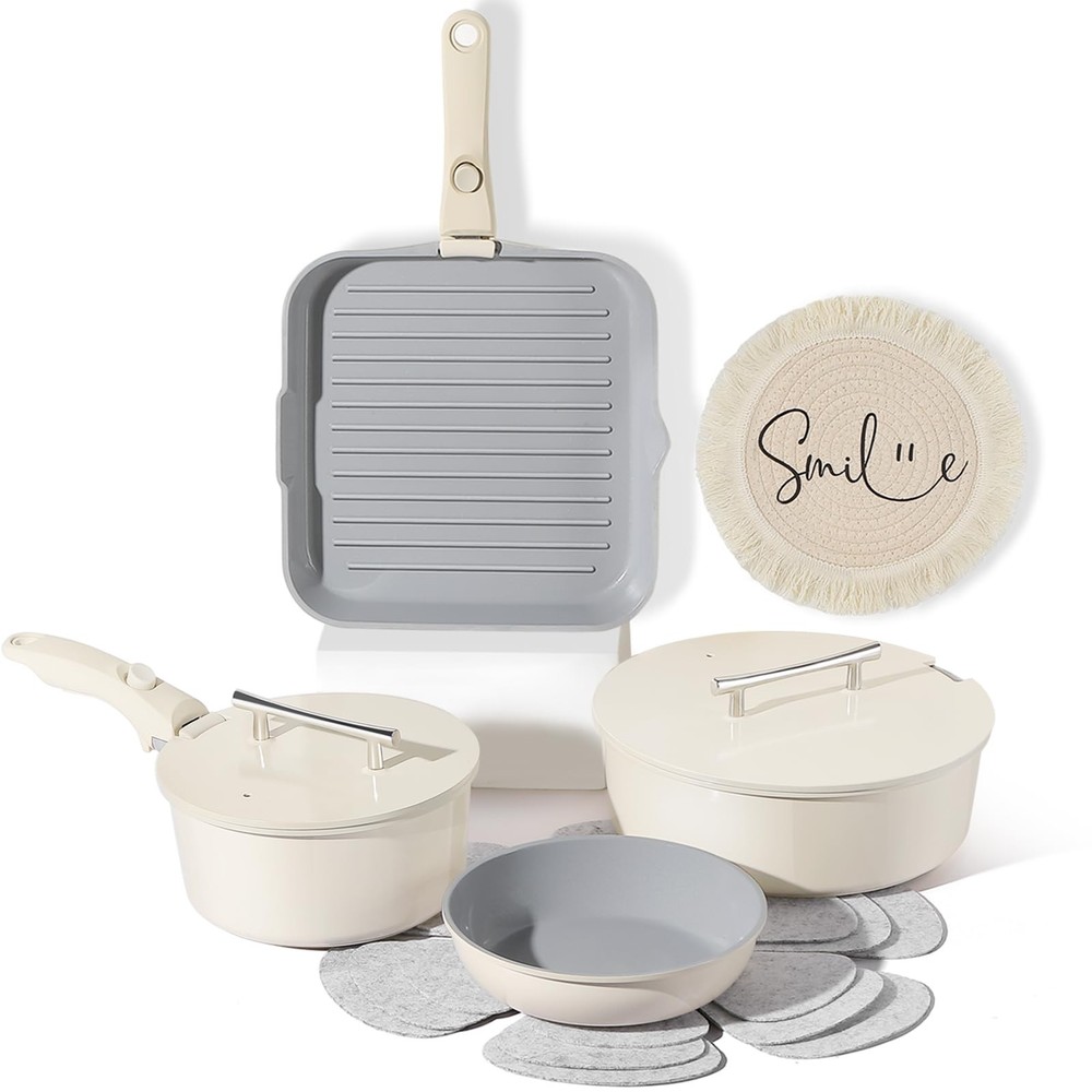 12-Piece Nonstick Ceramic Cookware Set with Removable Handles - Pots & Pans