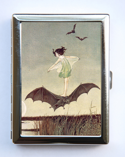 Girl Riding Bat Cigarette Case id case Wallet Business Card Holder Art Nouveau