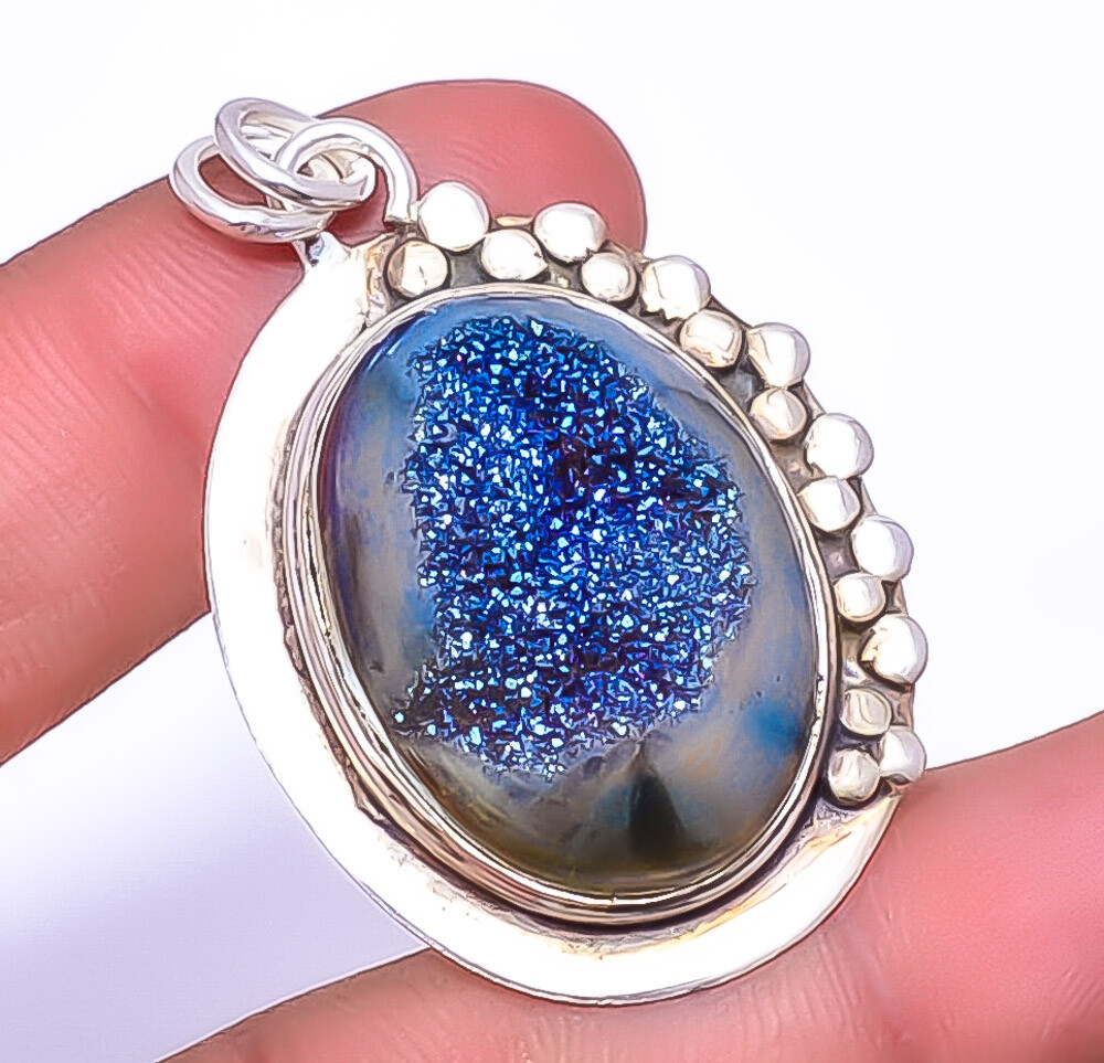 Titanium Blue Agate Drusy Sterling Silver Pendant 1.95 Inch A372