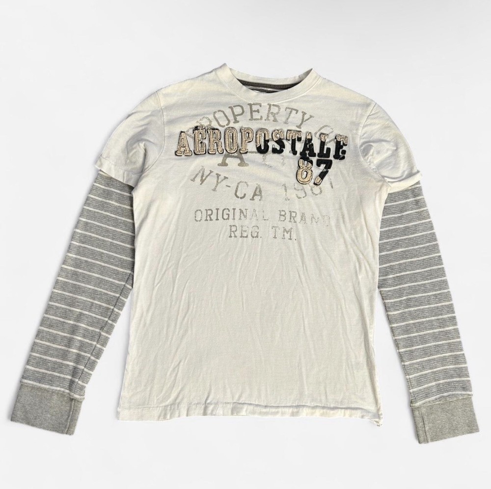 Vintage Mens White Aeropostale Embroidered Graphic Striped Long Sleeve Sz Small