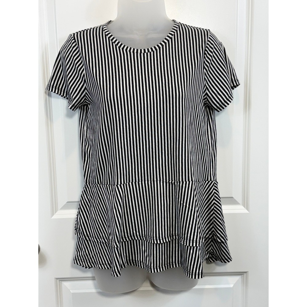 Michael Michael Kors Black White Striped Peplum Top Short Sleeve Crew Neck M