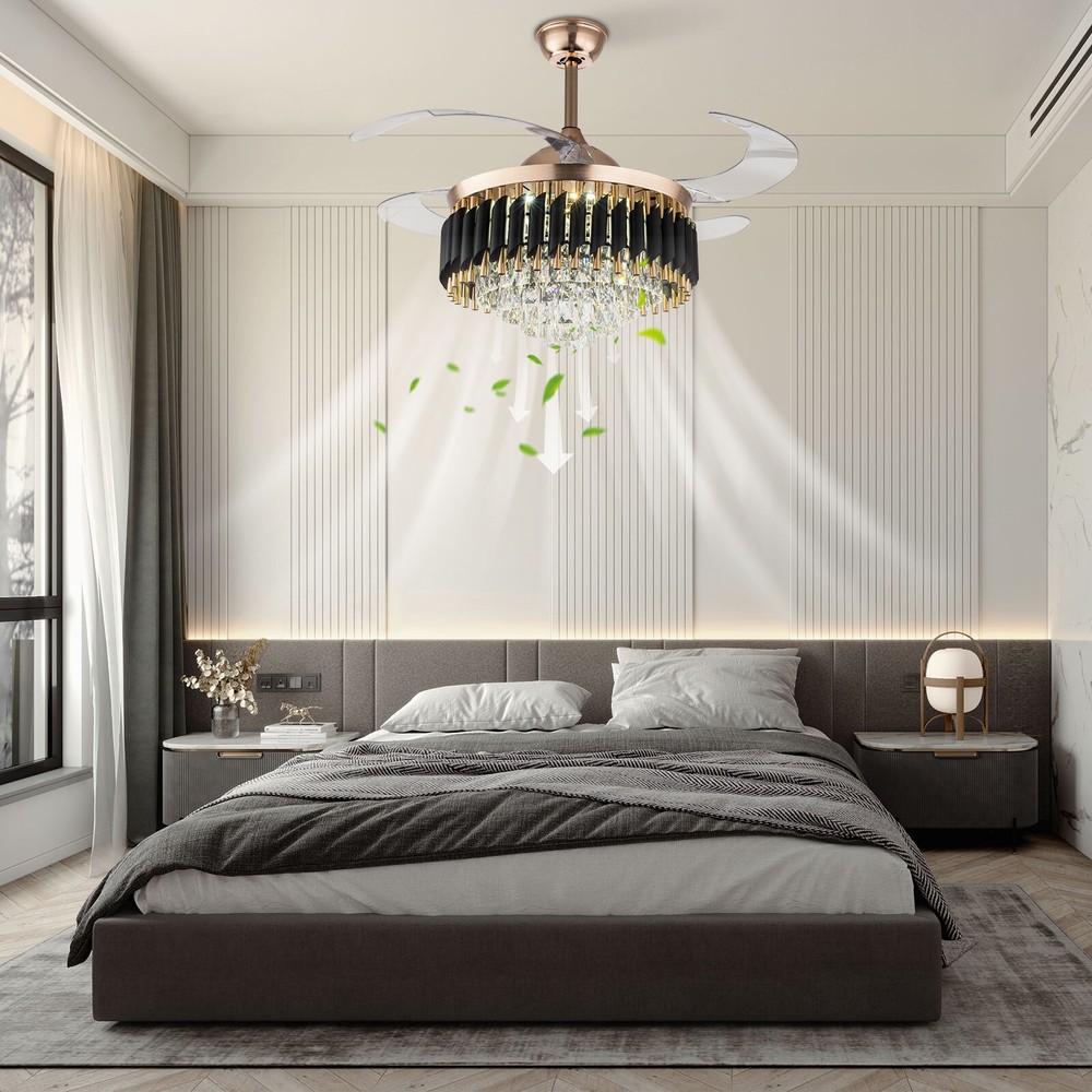 36 Inch Modern Crystal Ceiling Fan with Remote Control and Chandelier Light
