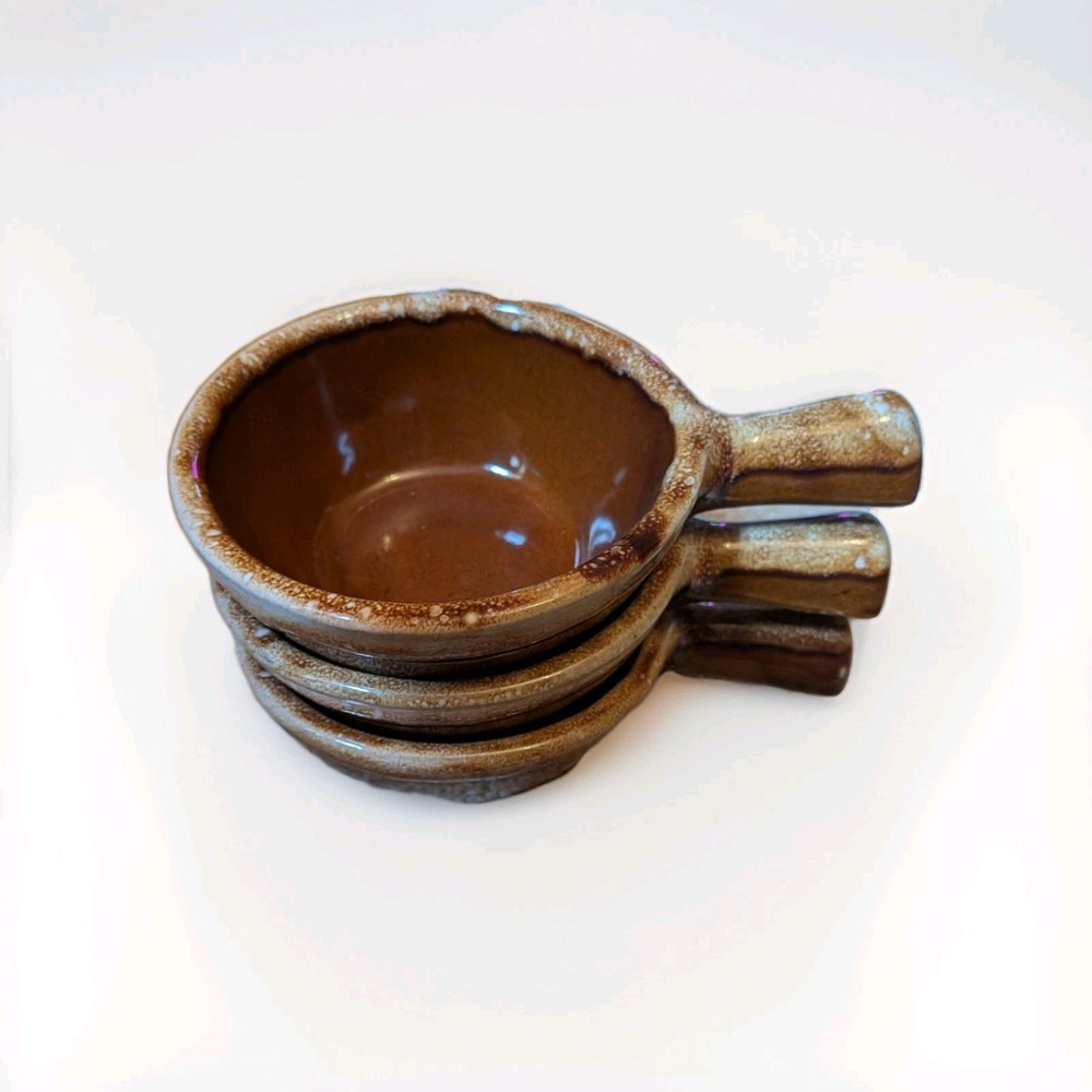 3 Western Monmouth Pottery Maple Leaf USA Brown Drip Handled Soup Bowl Casserole