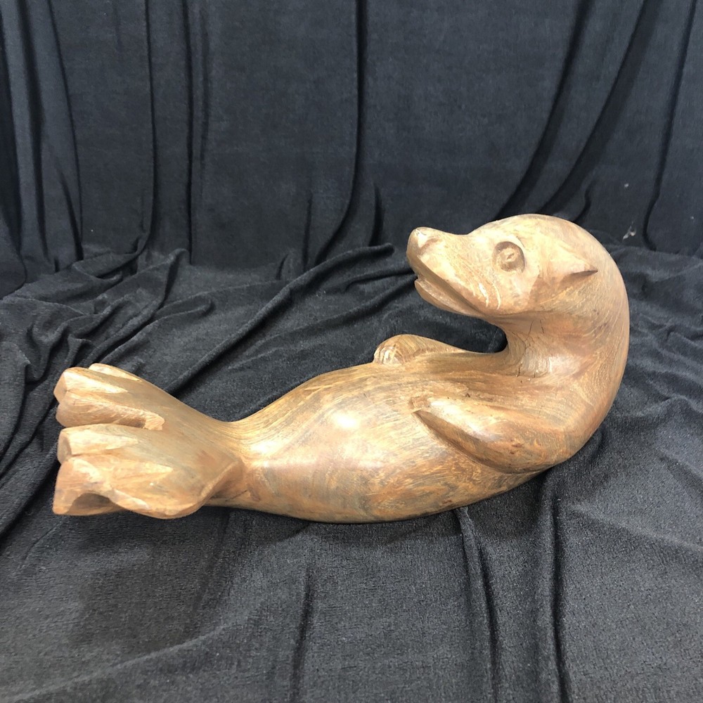Wood Sea Otter Figurine Wood Hand Carved Nautical Beach Wildlife Carving- 10”