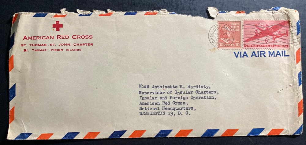 1945 Charlotte Virgin Isla USA American Red Cross Airmail Cover To Washington DC