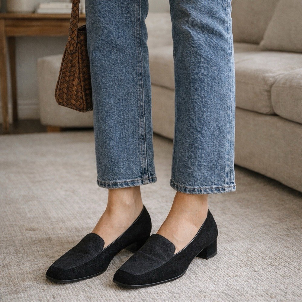 Salvatore Ferragamo Black Jacquard Suede Square Toe Loafer 8.5 Slip On Italy