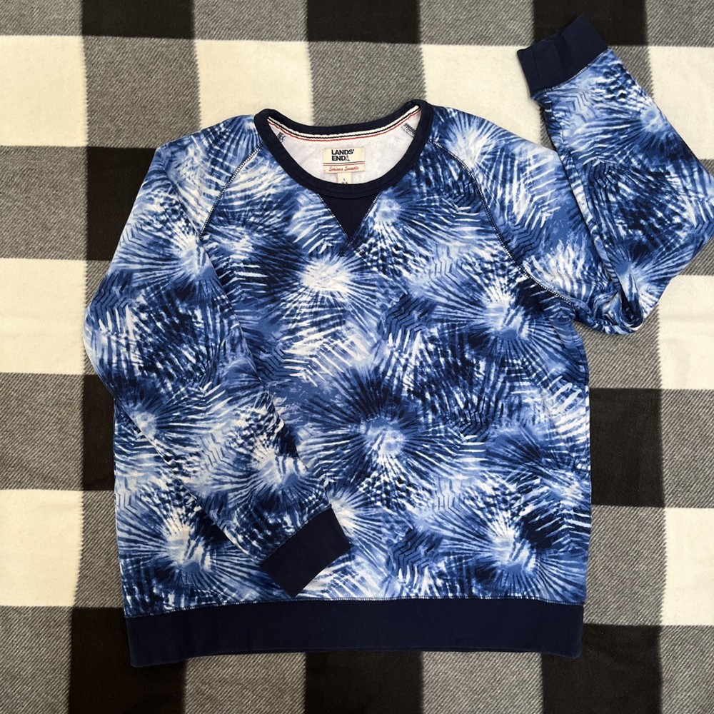 Lands End Serious Sweats Sweatshirt Women L 14-16 Blue Deep Sea Navy Tie Dye -C2