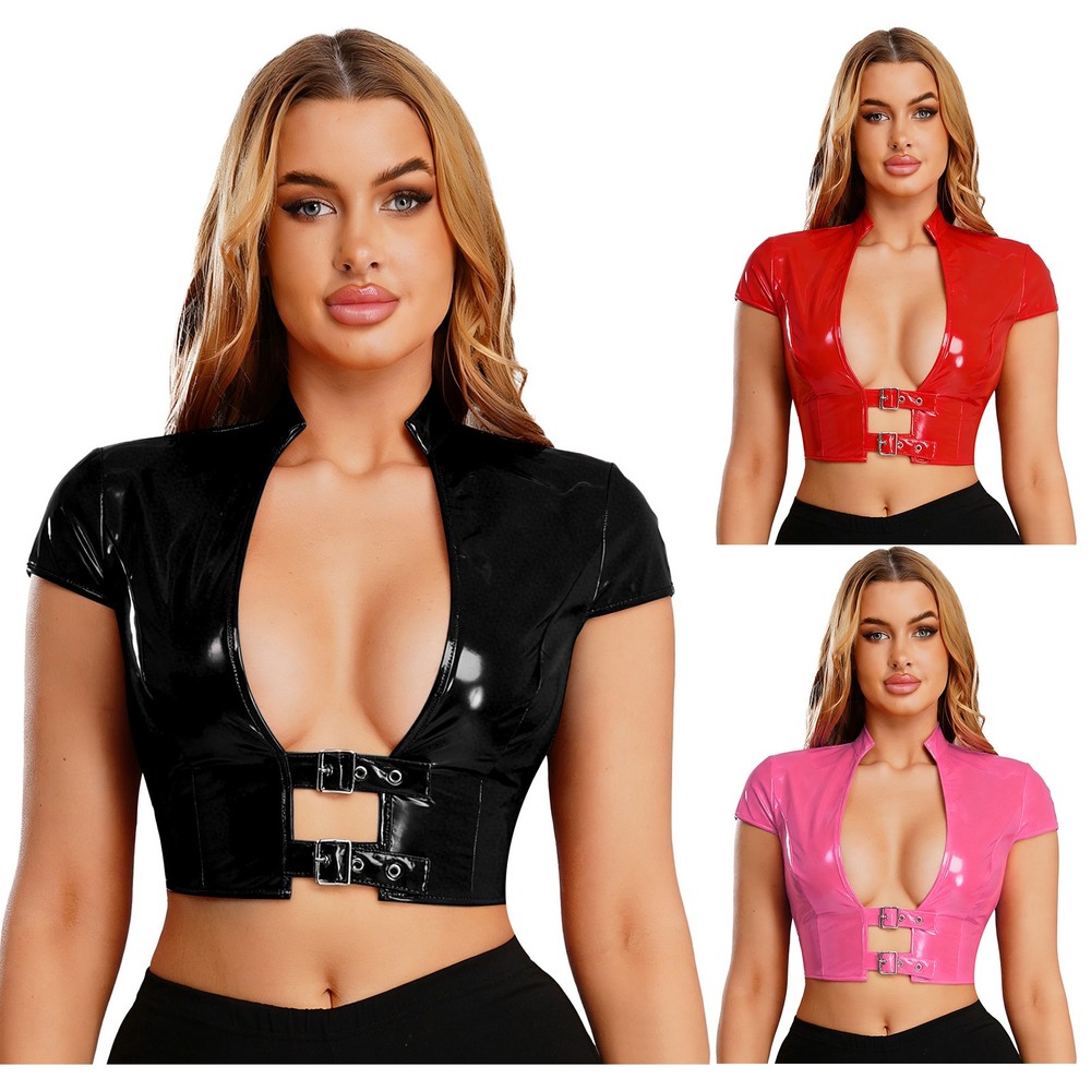 Womens Glossy Leather Crop Tops Open Front Corset Bustier Nightwear Tank Tops