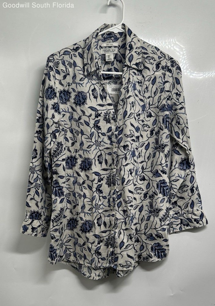 Rachel Zoe Womens White Blue Floral Linen Long Sleeve Button-Up Shirt Size Small