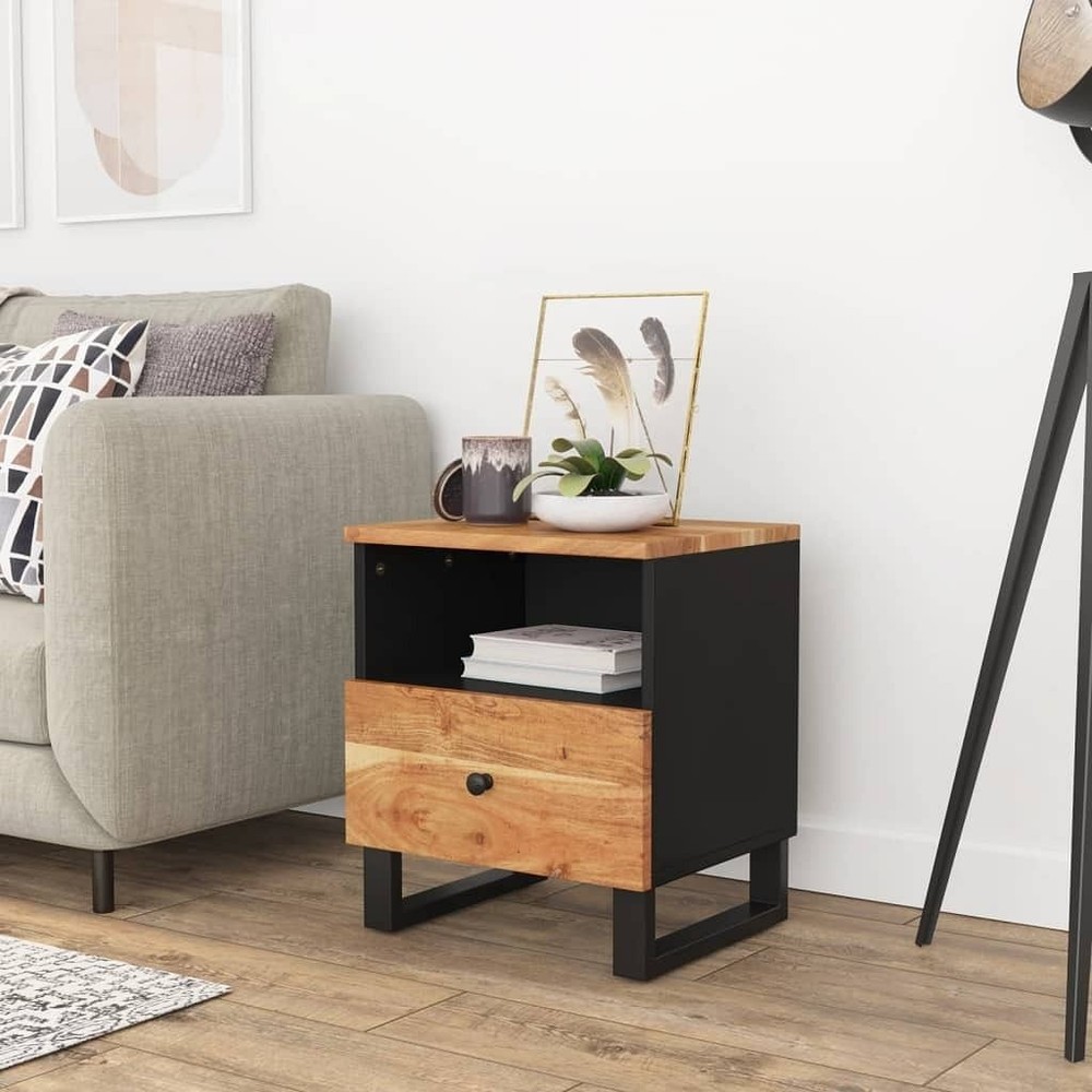 Solid Acacia Wood Bedside Cabinet with Black Finish-image