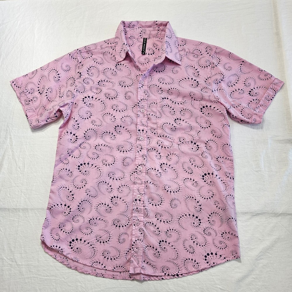 True Rock Men's Short Sleeve Button Up Shirt Size Medium Pink with Black Paisley