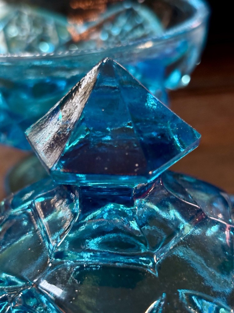 Vintage Kemple Aqua Blue Hobstar  And Fan Glass Candy Dish