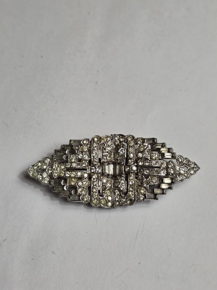 Vintage Art Deco Duette Rhinestone Pin Brooch Dress Clips Set