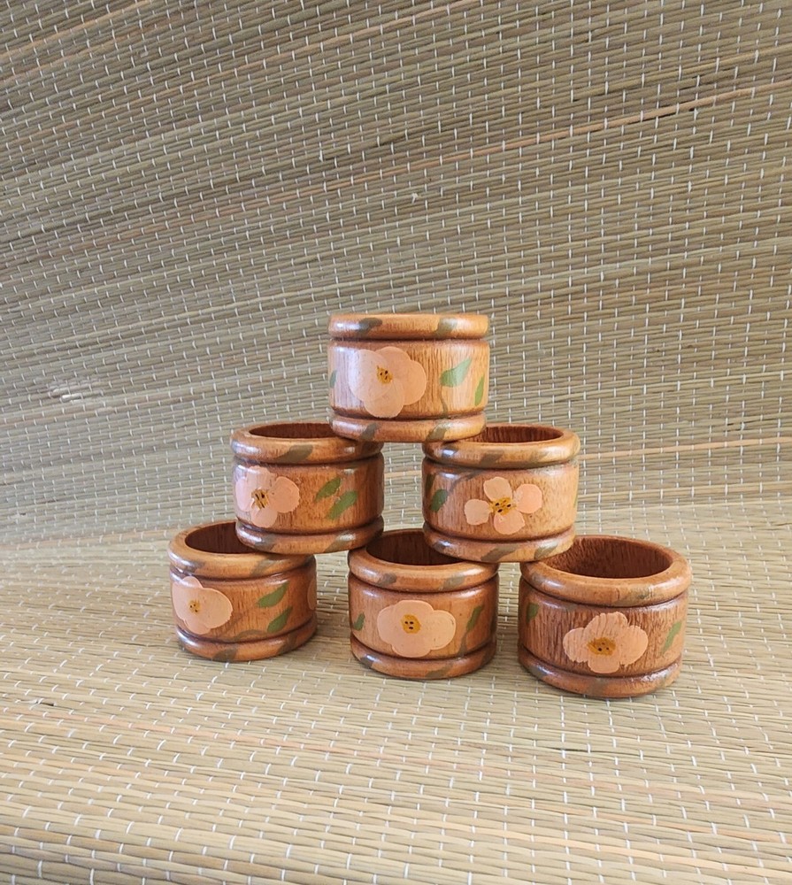 Unbranded Set Of Six Wooden Napkin Rings Yellow Flowers Cottagecore EUC