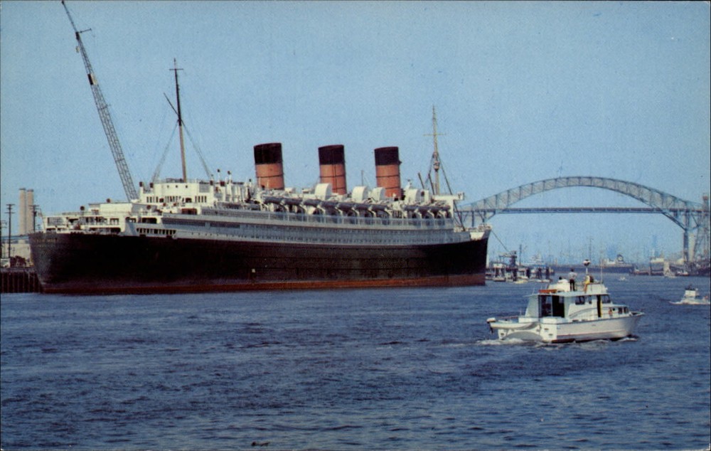 California Long Beach Harbor Gerald Desmond Bridge freighter ~ vintage postcard