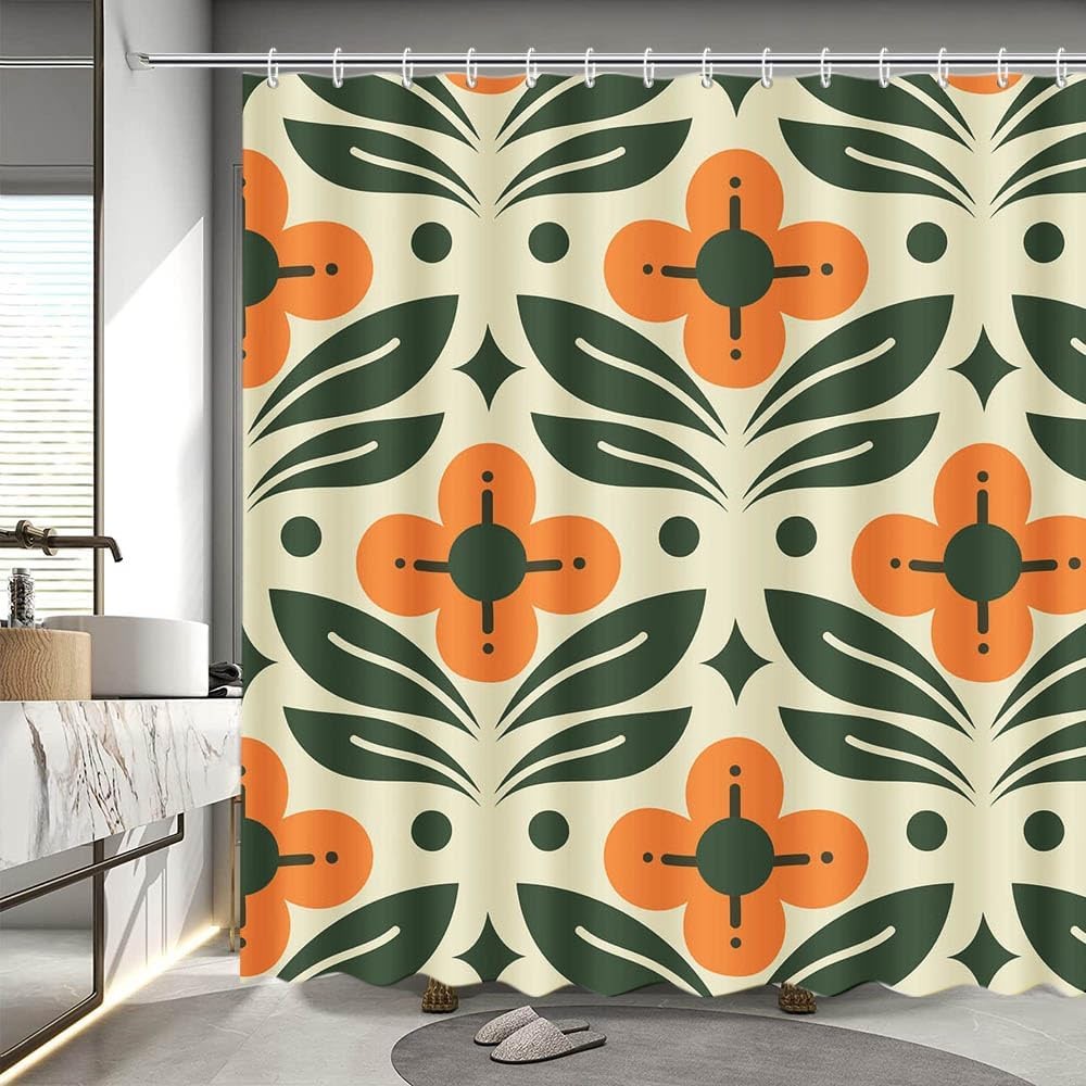 Orange Floral Shower Curtain Vintage Mid Century Modern Abstract Geometric Green