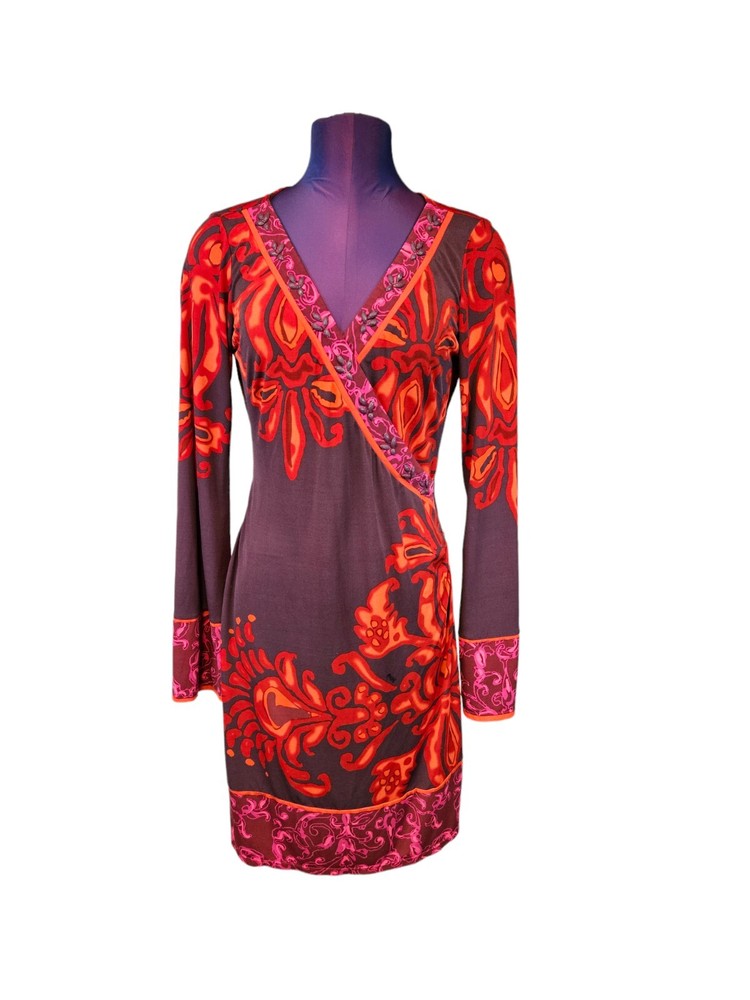Hale Bob Purple & Red Damask Faux Wrap Jersey Dress Size Small Women's Q58