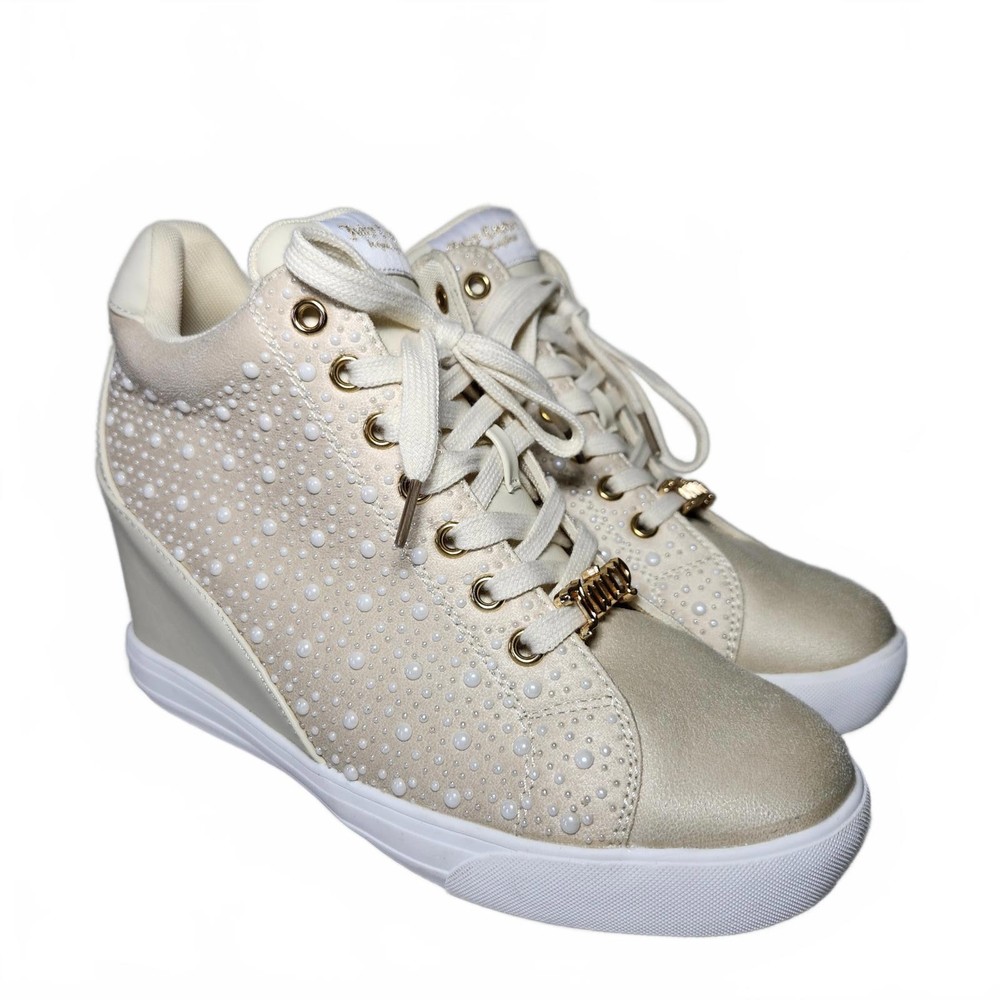 Juicy Couture Women's JC-Jiggle Beige Pearl Embellished Wedge Sneakers Size 9