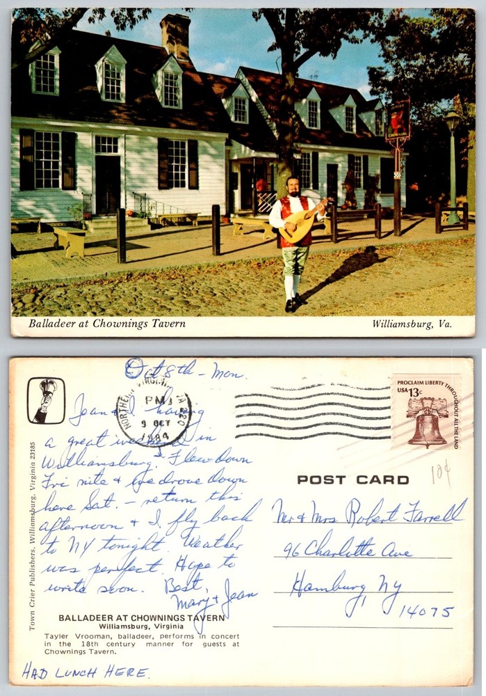 Balladeer at Chowning's Tavern Williamsburg VA 1984 Postcard