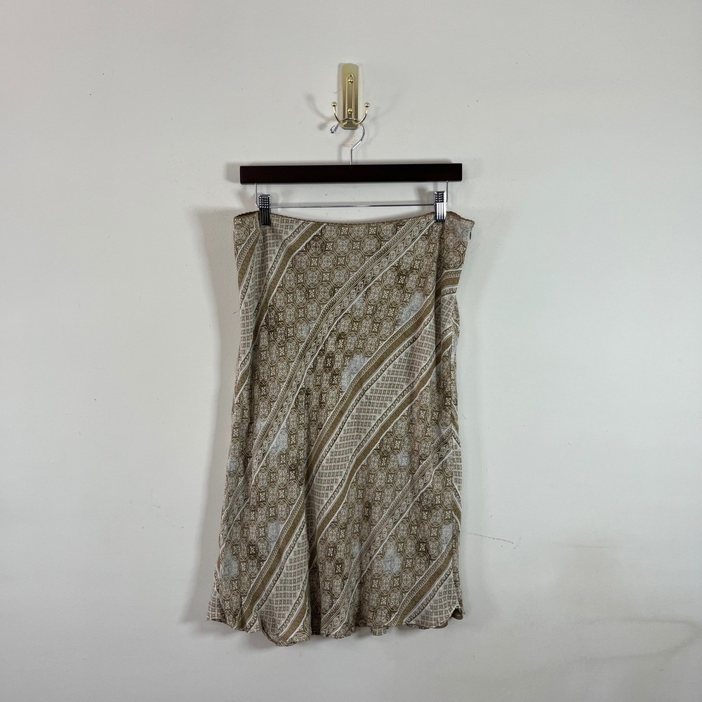 Vintage Y2K Merona Women's Silk Midi Skirt Brown White Elastic Waist XL Boho
