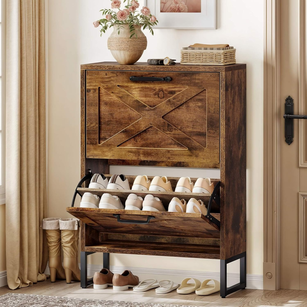 Shoe Storage Cabinet Entryway with 2 Flip Drawers Freestanding Organizer Metal Frame