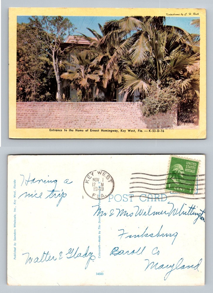 Key West, FL-Florida, Ernest Hemingway Home Entrance Vintage c1949 Postcard