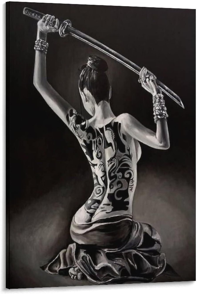 Japanese Geisha Bushido Tattoo Art Black White Modern Design