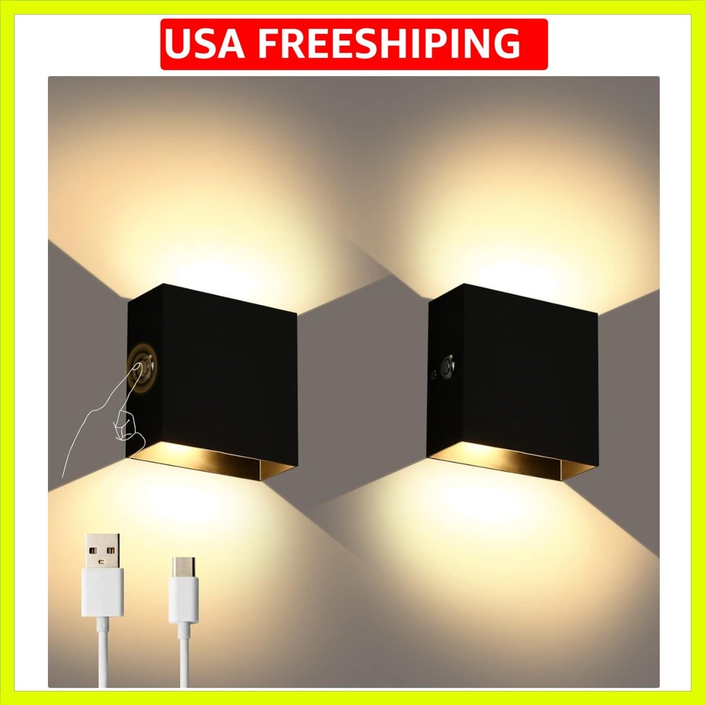 LED Wall Sconce Battery Powered Set of 2, Touch Control Dimmable Wall Lamp Re...