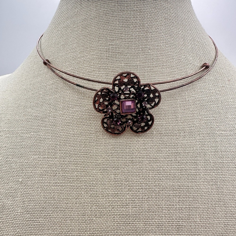 Vintage 70s Copper Tone Filigree Flower Choker Purple Rhinestone Crystal Jewelry