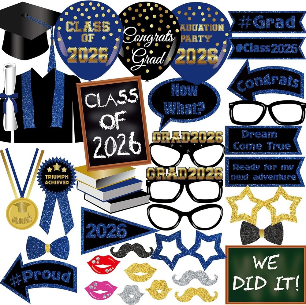 Class of 2026 Graduation Photo Booth Props Set - 35PCS Blue and Gold Graduation