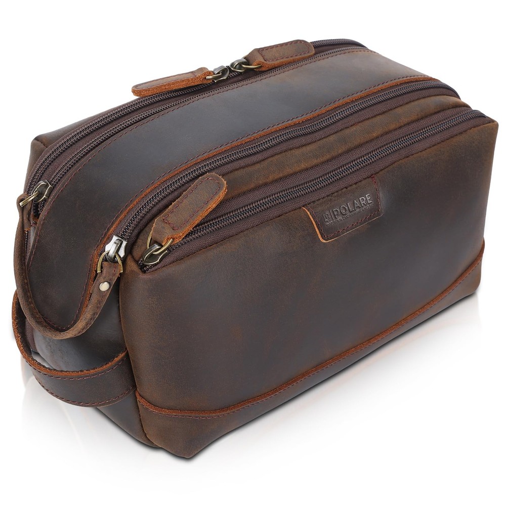 Polare Full Grain Leather Men's Large Travel Toiletry Bag Durable Cosmetic Case