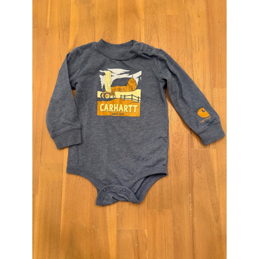 Carhartt Baby Boys Blue Farm Tractor Graphic Long Sleeve Bodysuit 18M