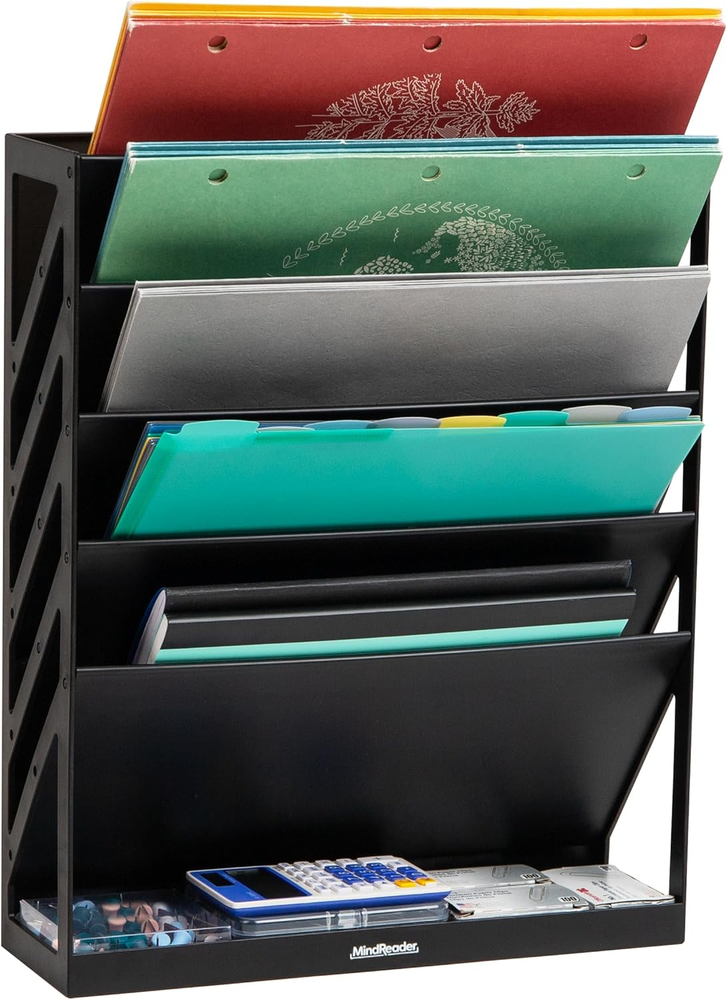 5-Tier Black Plastic Vertical File Organizer for Desktop or Wall Mount